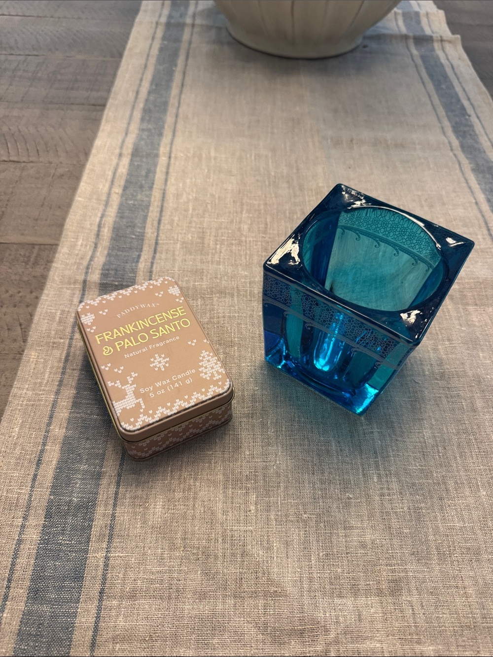 Bundle-Heavy Blue Glass Holder and New Candle Tin
